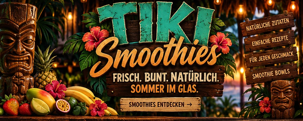 TIKI Smoothies – Frisch. Bunt. Natürlich. Sommer im Glas, vor tropischer Tiki-Bar-Kulisse