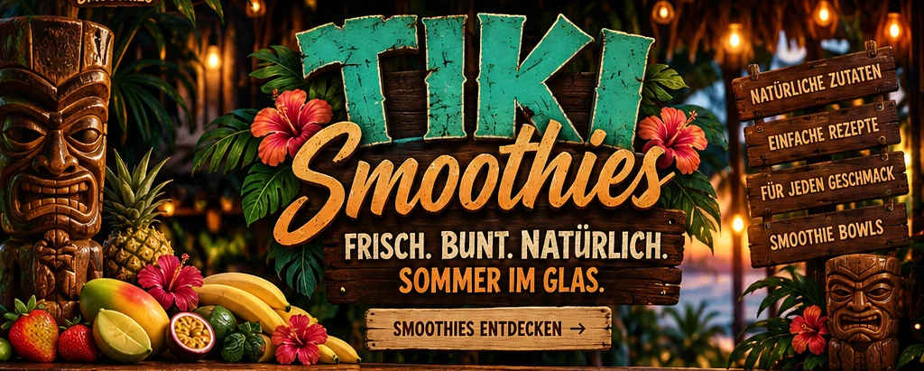 Tropisches Tiki-Bar-Motiv mit geschnitzten Holzfiguren, Früchten und dem Schriftzug Tiki Smoothies