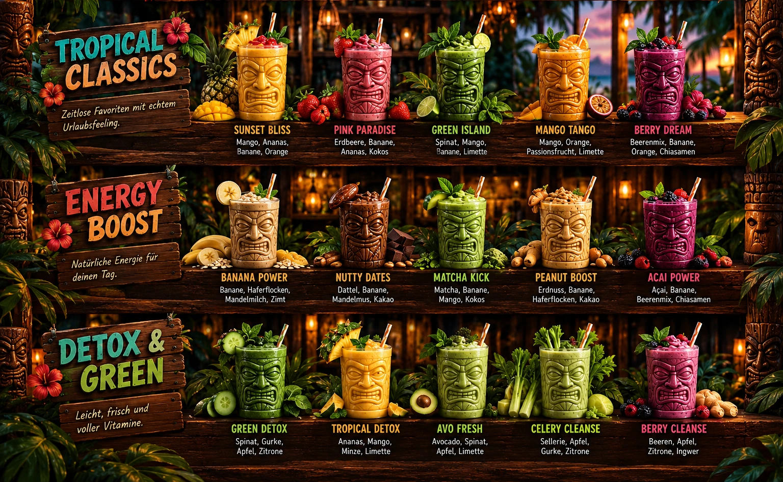 Drei Holztresen in einer tropischen Tiki-Bar mit je fünf farbigen Smoothies in geschnitzten Gläsern und den Kategorien Tropical Classics, Energy Boost und Detox & Green