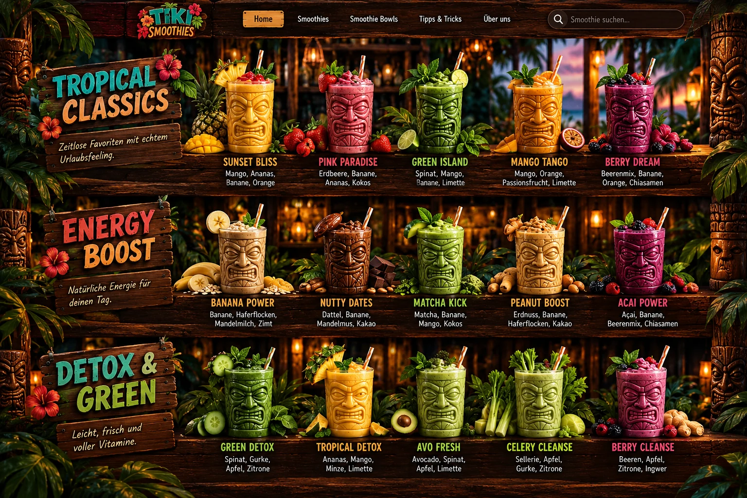 Drei Holztresen in einer tropischen Tiki-Bar mit je fünf farbigen Smoothies in geschnitzten Gläsern und den Kategorien Tropical Classics, Energy Boost und Detox & Green